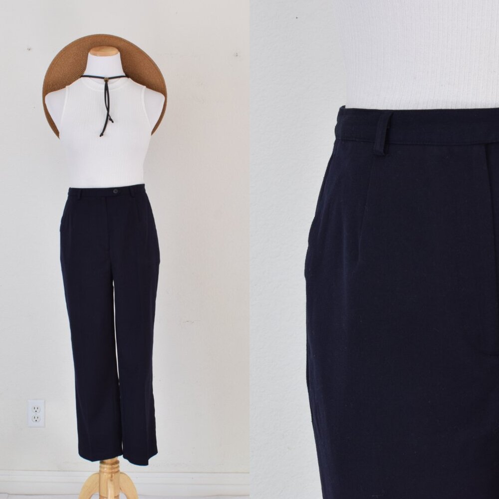Vintage 90s‎ Navy Poly/Rayon/Spandex Flat Front Trousers | 29 waist